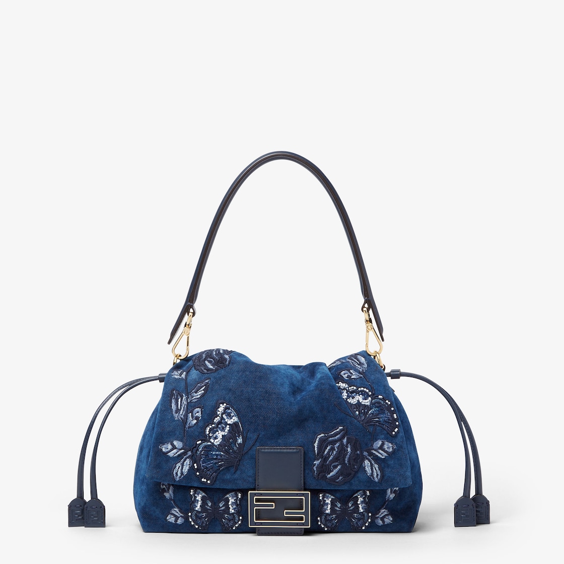 FENDI Mamma Baguette Medium Blue flocked denim bag with Night Butterfly embroidery - Image 1